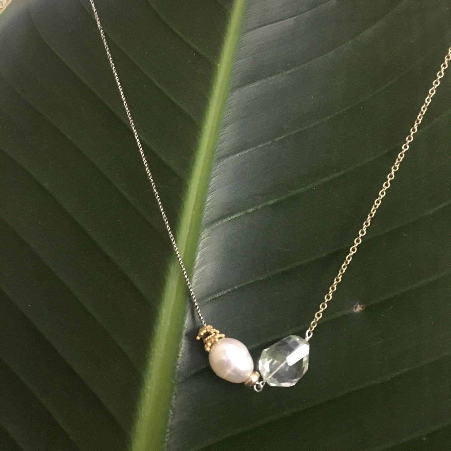 Asymmetrical Pearl and Green Amethyst Necklace