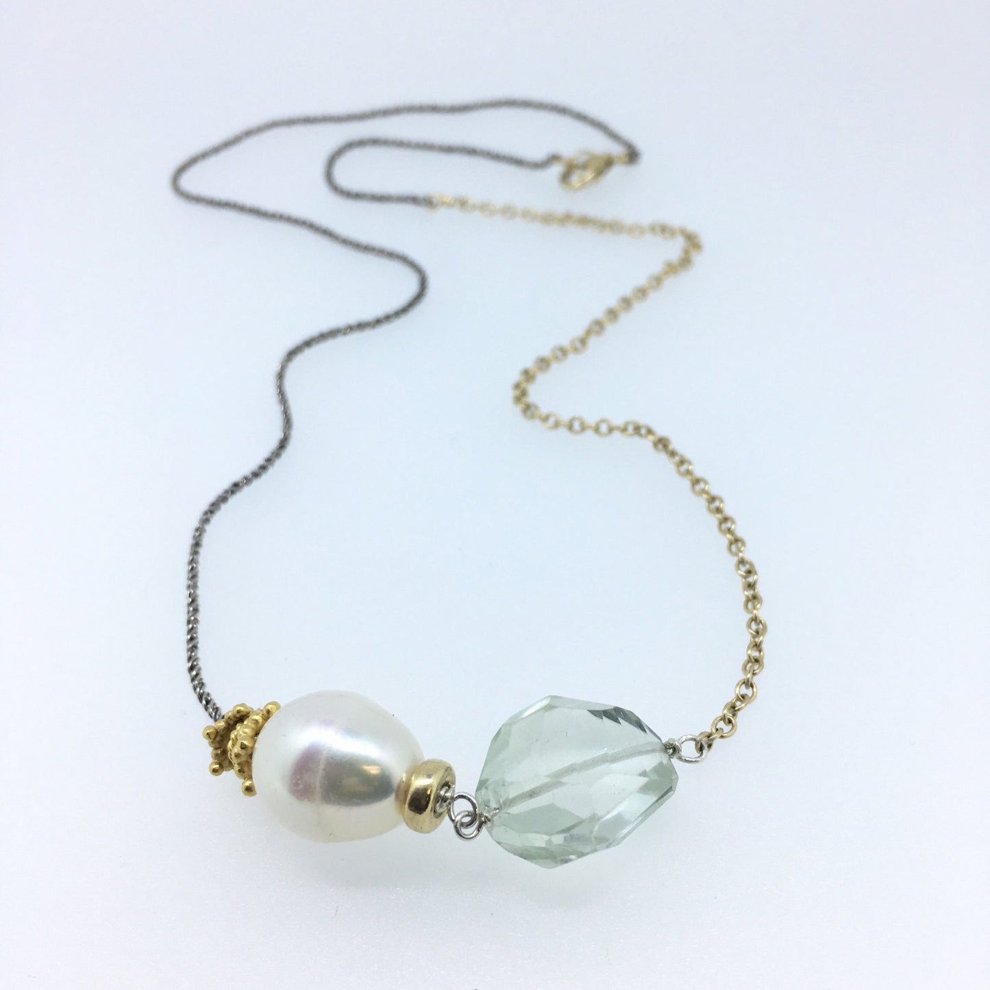 Asymmetrical Pearl and Green Amethyst Necklace