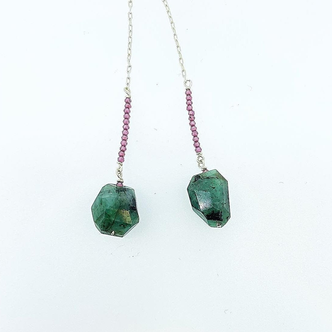 Emerald Nugget with Garnet Bar Earrings