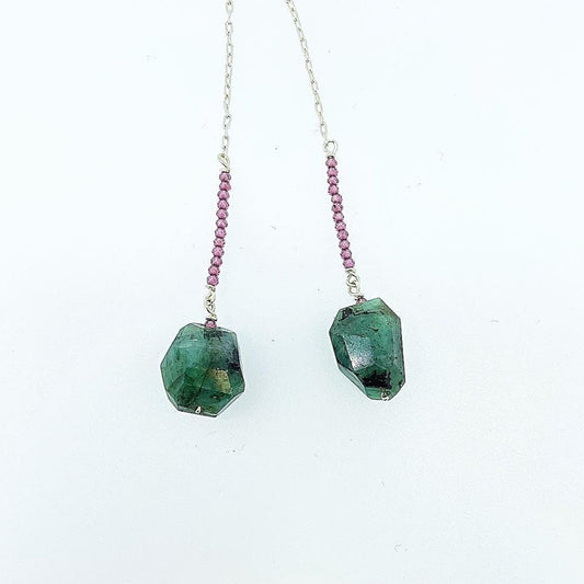 Emerald Nugget with Garnet Bar Earrings