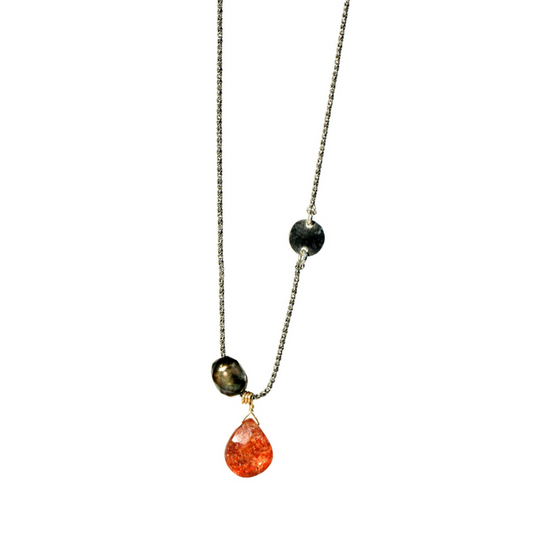Sunstone and Faceted Green Pearl Cluster Necklace