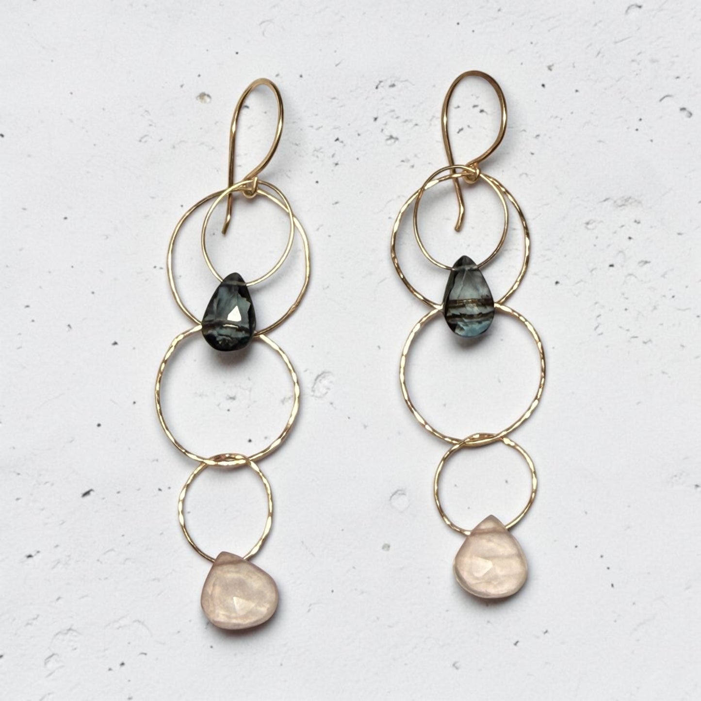 London blue topaz, and rose quartz ringlet earrings ￼
