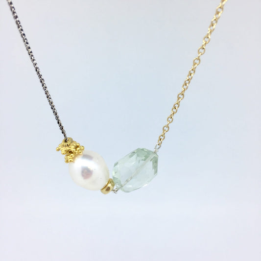 Asymmetrical Pearl and Green Amethyst Necklace