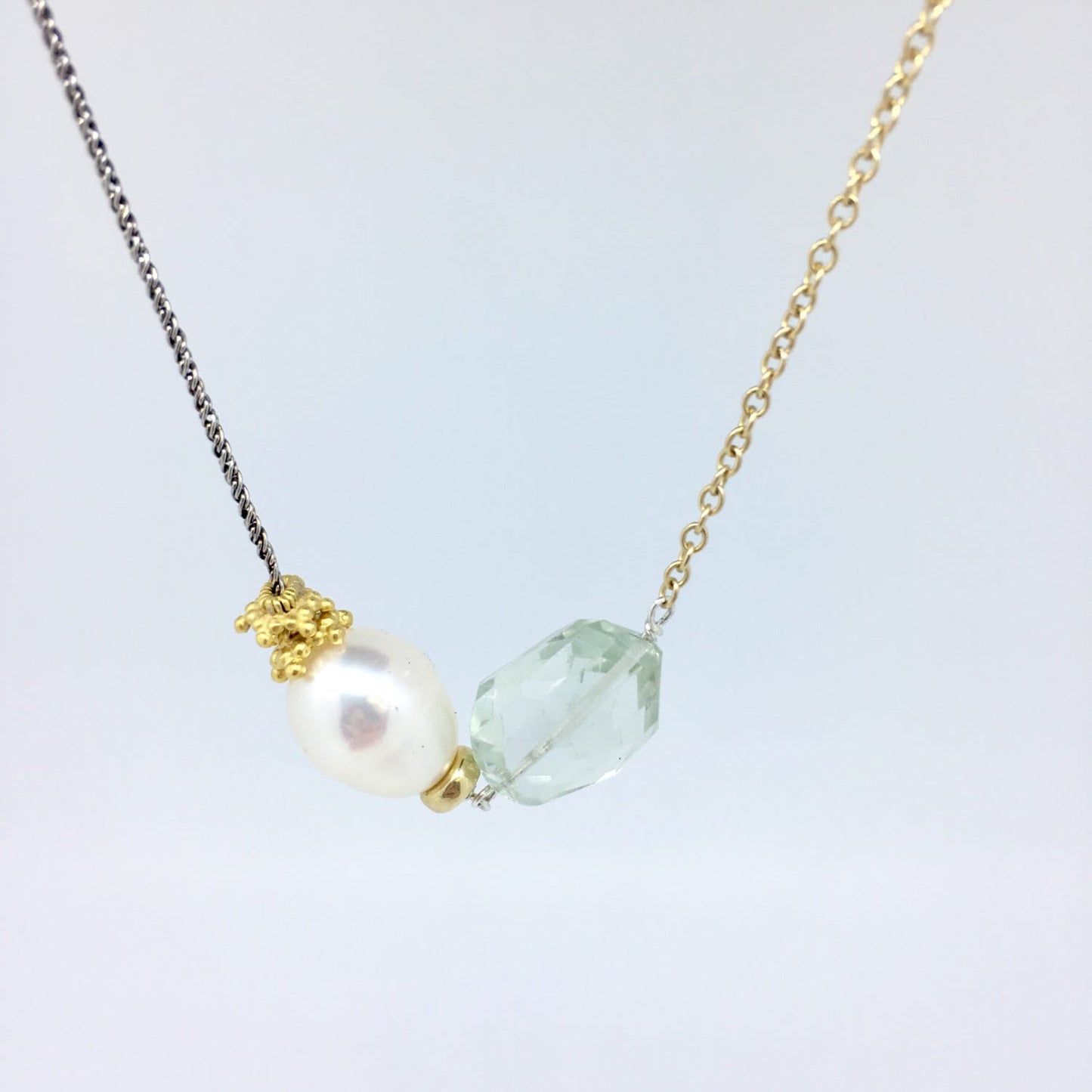 Asymmetrical Pearl and Green Amethyst Necklace